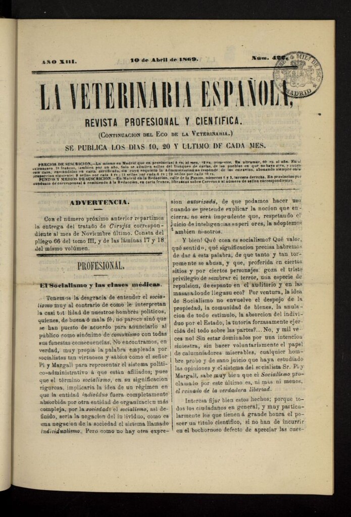 Miniatura de La Veterinaria revista profesional y científica del 10 de abril de 1869, nº 422