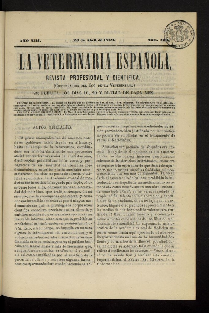 Miniatura de La Veterinaria revista profesional y científica del 20 de abril de 1869, nº 423