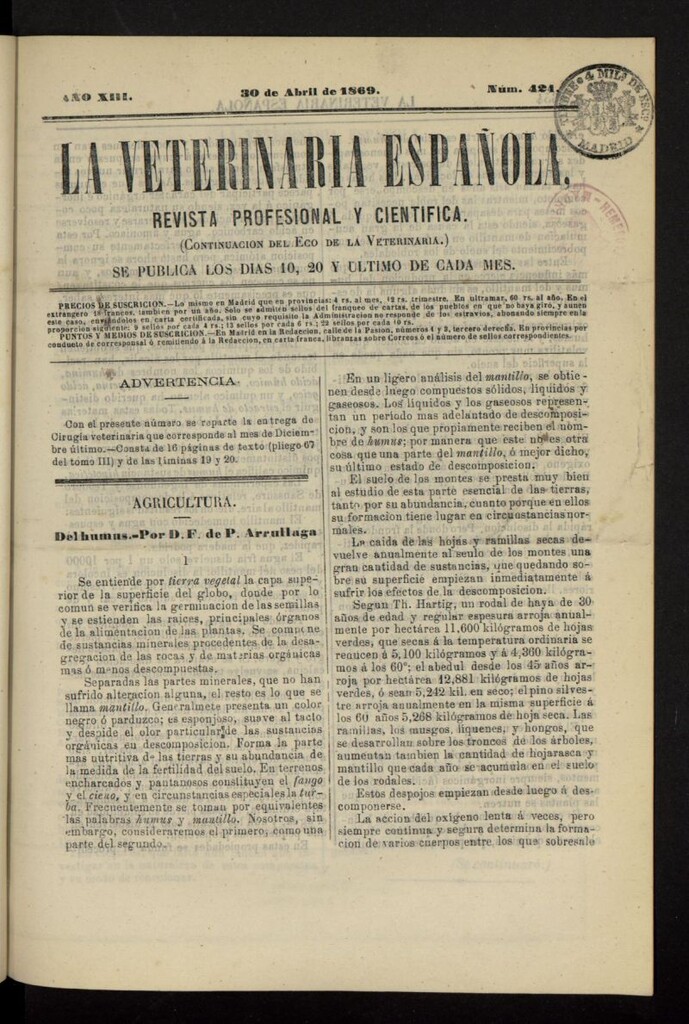 Miniatura de La Veterinaria revista profesional y científica del 30 de abril de 1869, nº 424
