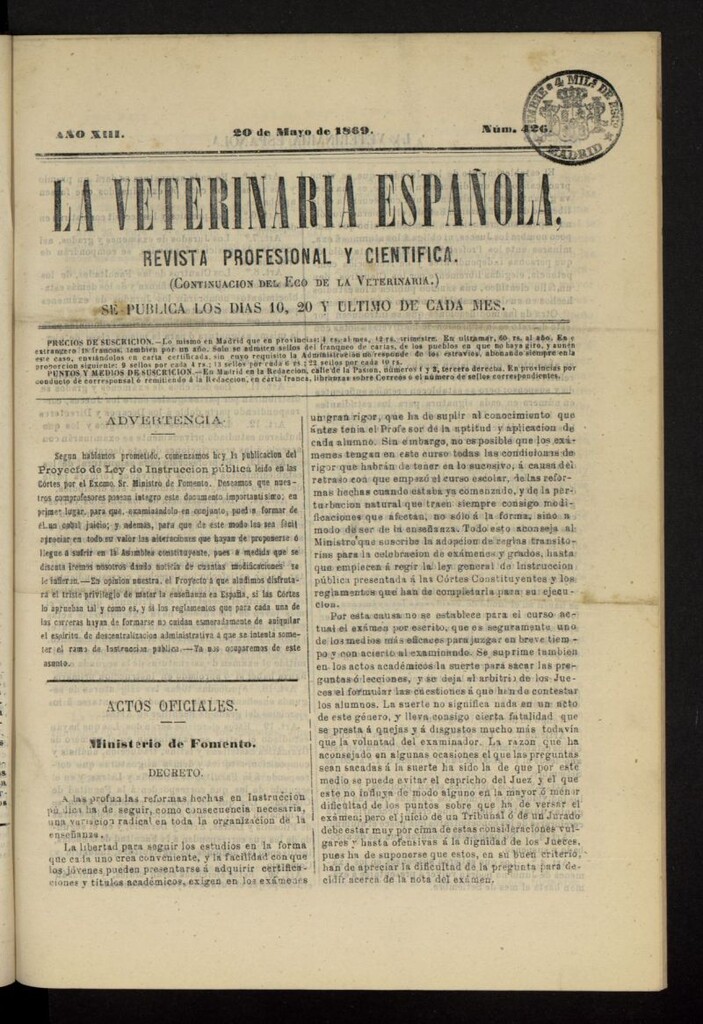 Miniatura de La Veterinaria revista profesional y científica del 20 de mayo de 1869, nº 426