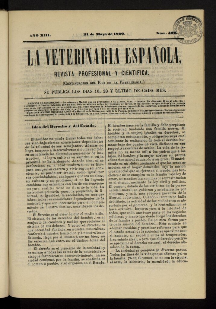 Miniatura de La Veterinaria revista profesional y científica del 31 de mayo de 1869, nº 427