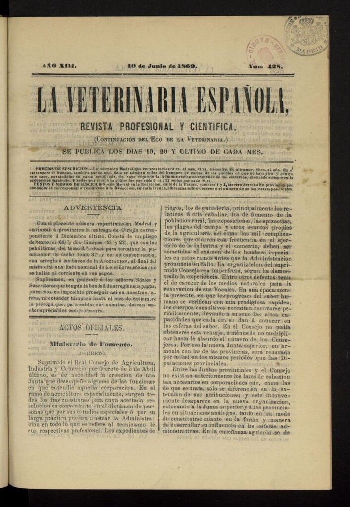 Miniatura de La Veterinaria revista profesional y científica del 10 de junio de 1869, nº 428