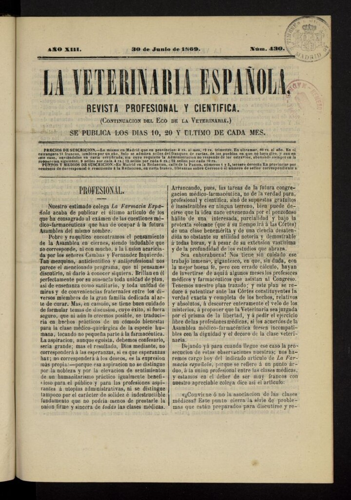 Miniatura de La Veterinaria revista profesional y científica del 30 de junio de 1869, nº 430