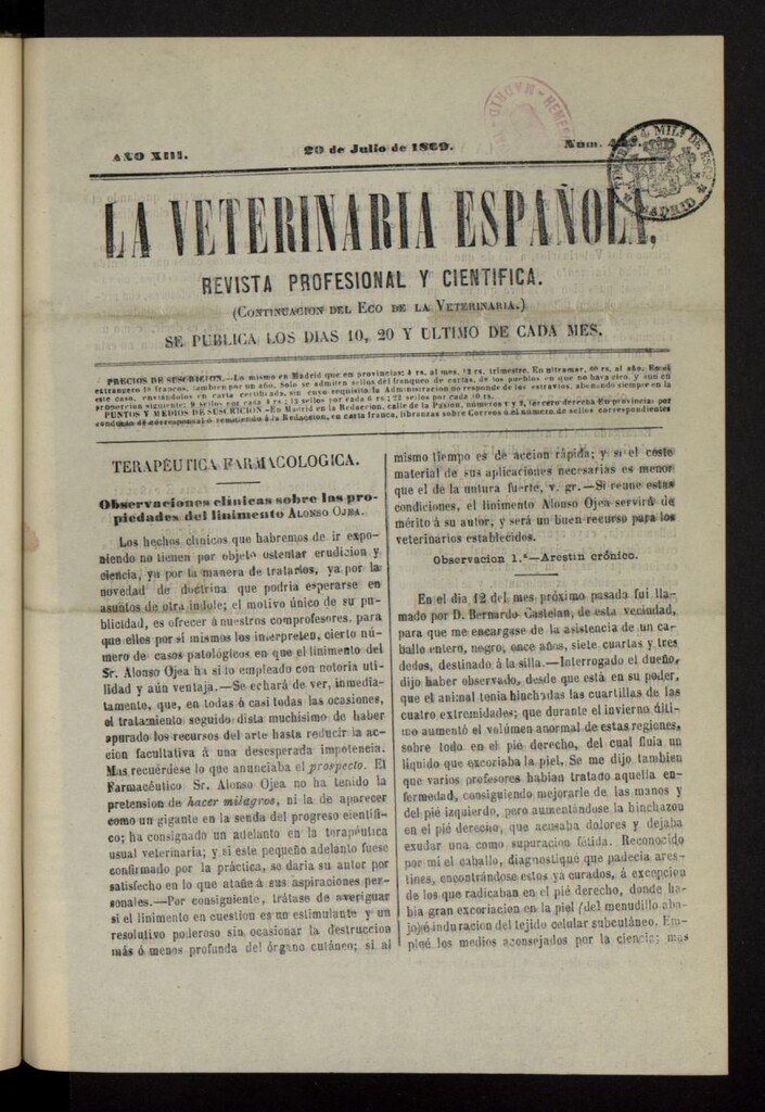 Miniatura de La Veterinaria revista profesional y científica del 20 de julio de 1869, nº 432