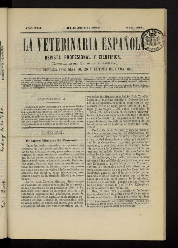 Miniatura de La Veterinaria revista profesional y científica del 31 de julio de 1869, nº 433