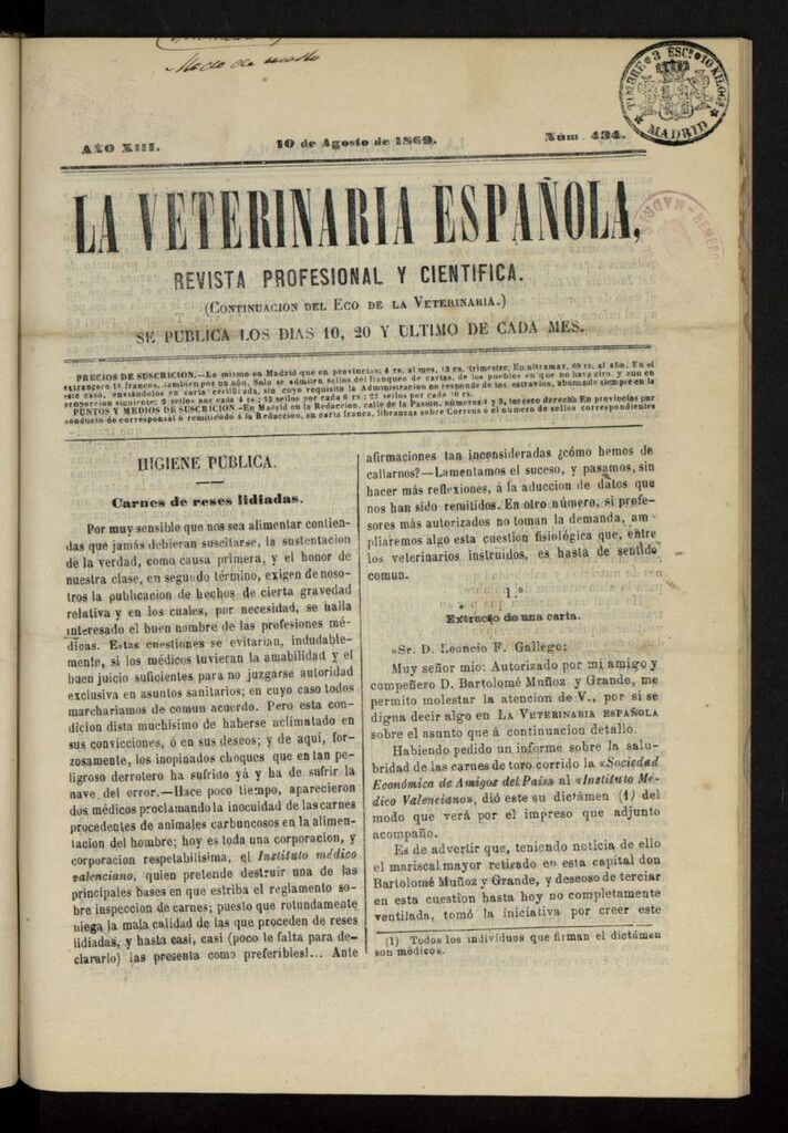 Miniatura de La Veterinaria revista profesional y científica del 10 de agosto de 1869, nº 434
