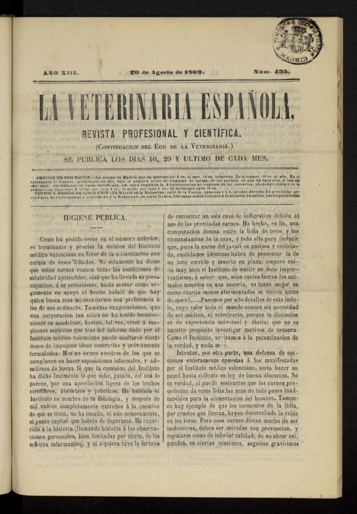 Miniatura de La Veterinaria revista profesional y científica del 20 de agosto de 1869, nº 435
