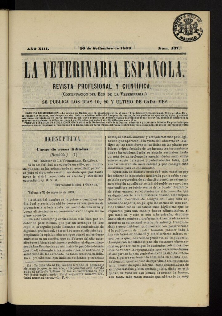 Miniatura de La Veterinaria revista profesional y científica del 10 de septiembre de 1869, nº 437