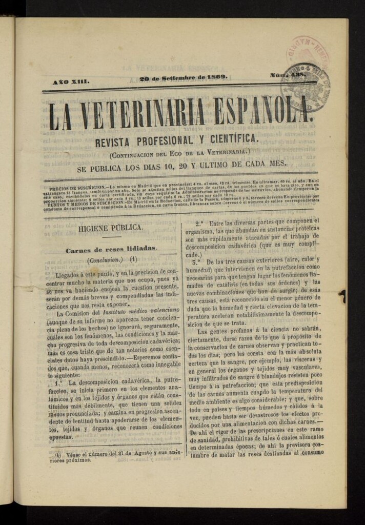 Miniatura de La Veterinaria revista profesional y científica del 20 de septiembre de 1869, nº 438