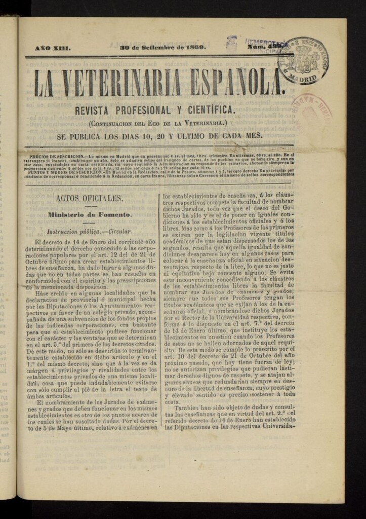 Miniatura de La Veterinaria revista profesional y científica del 30 de septiembre de 1869, nº 439