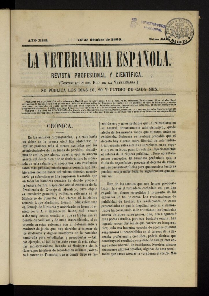 Miniatura de La Veterinaria revista profesional y científica del 10 de octubre de 1869, nº 440