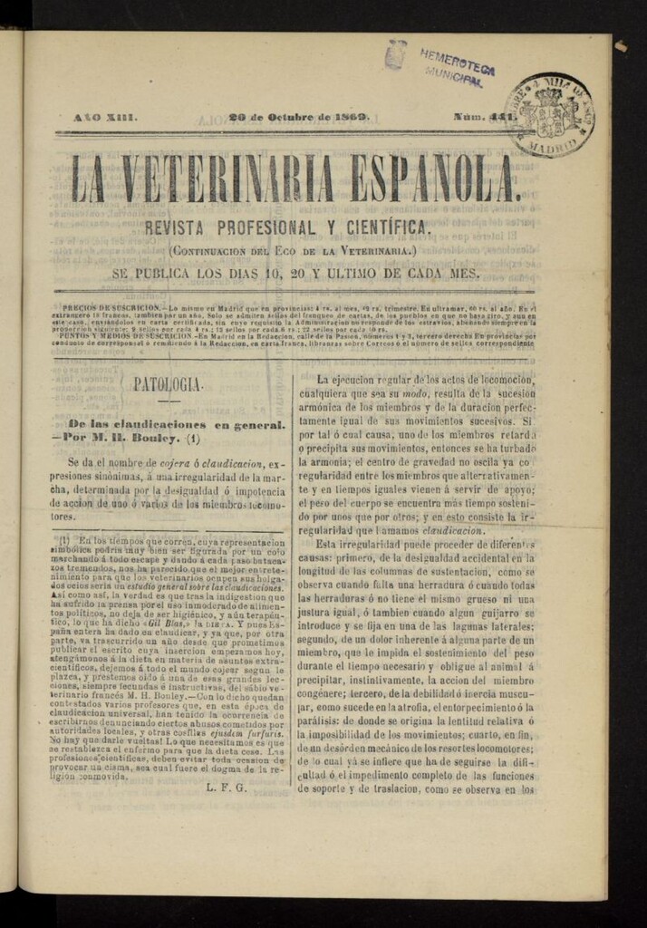 Miniatura de La Veterinaria revista profesional y científica del 20 de octubre de 1869, nº 441