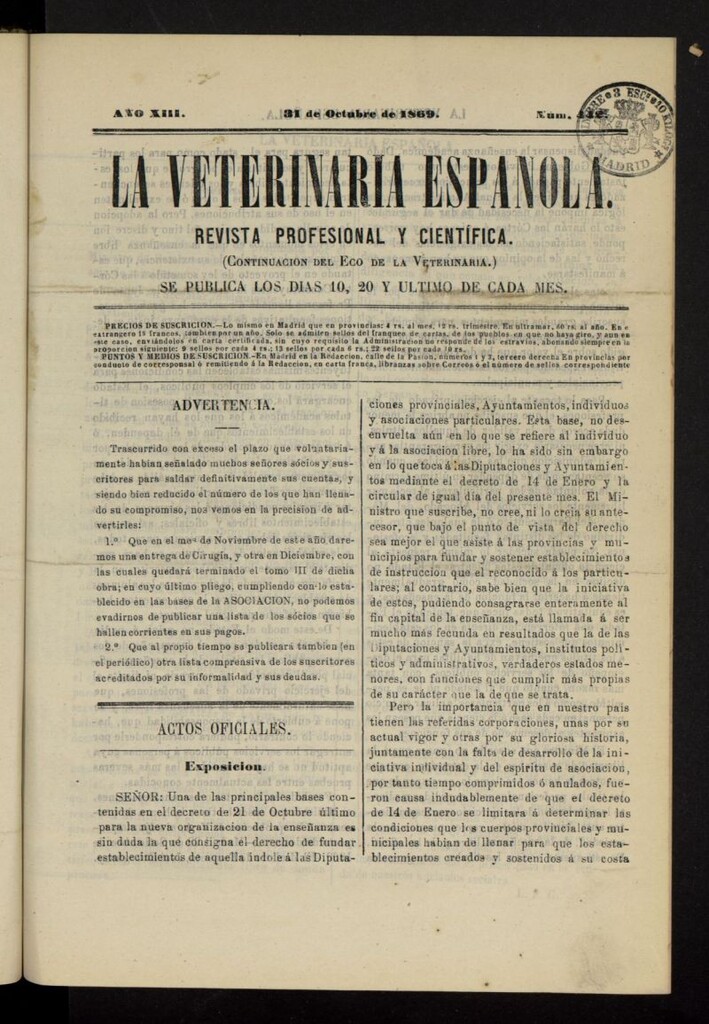 Miniatura de La Veterinaria revista profesional y científica del 31 de octubre de 1869, nº 442