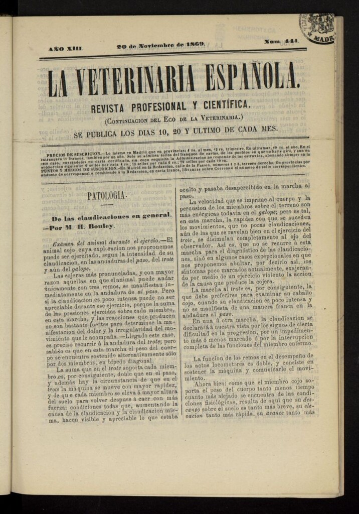 Miniatura de La Veterinaria revista profesional y científica del 20 de noviembre de 1869, nº 444