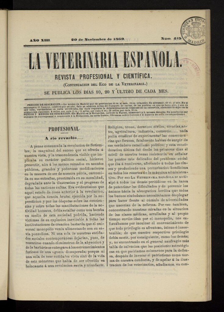 Miniatura de La Veterinaria revista profesional y científica del 20[sic] de noviembre de 1869, nº 445