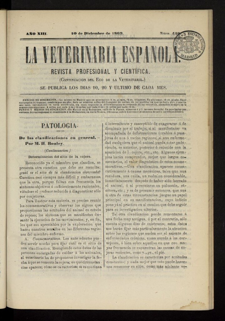 Miniatura de La Veterinaria revista profesional y científica del 10 de diceimbre de 1869, nº 446