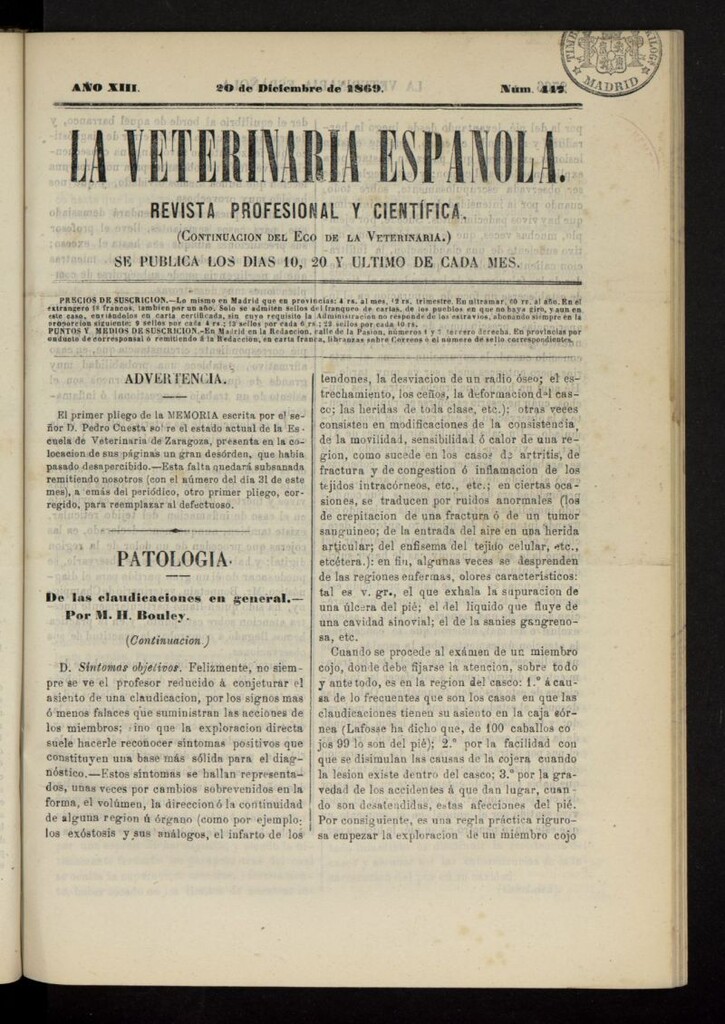 Miniatura de La Veterinaria revista profesional y científica del 20 de diciembre de 1869, nº 446