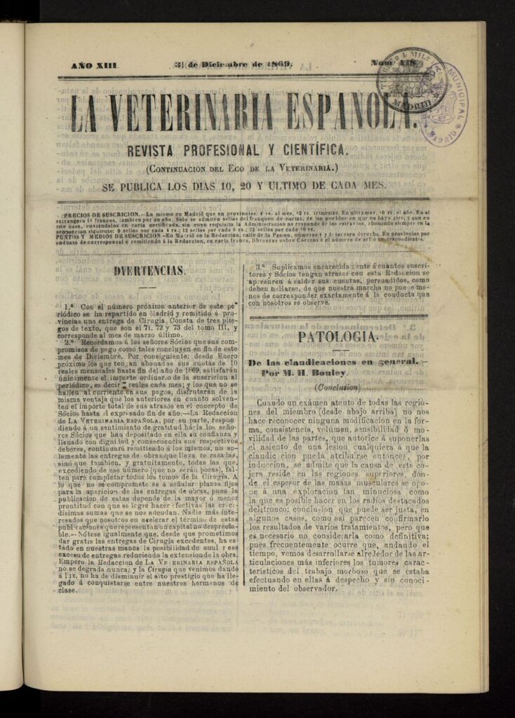 Miniatura de La Veterinaria revista profesional y científica del 31 de diciembre de 1869, nº 448
