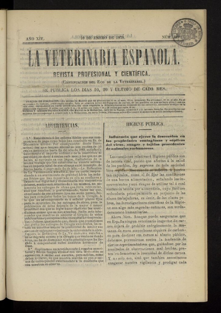Miniatura de La Veterinaria revista profesional y científica del 10 de enero de 1870, nº 449