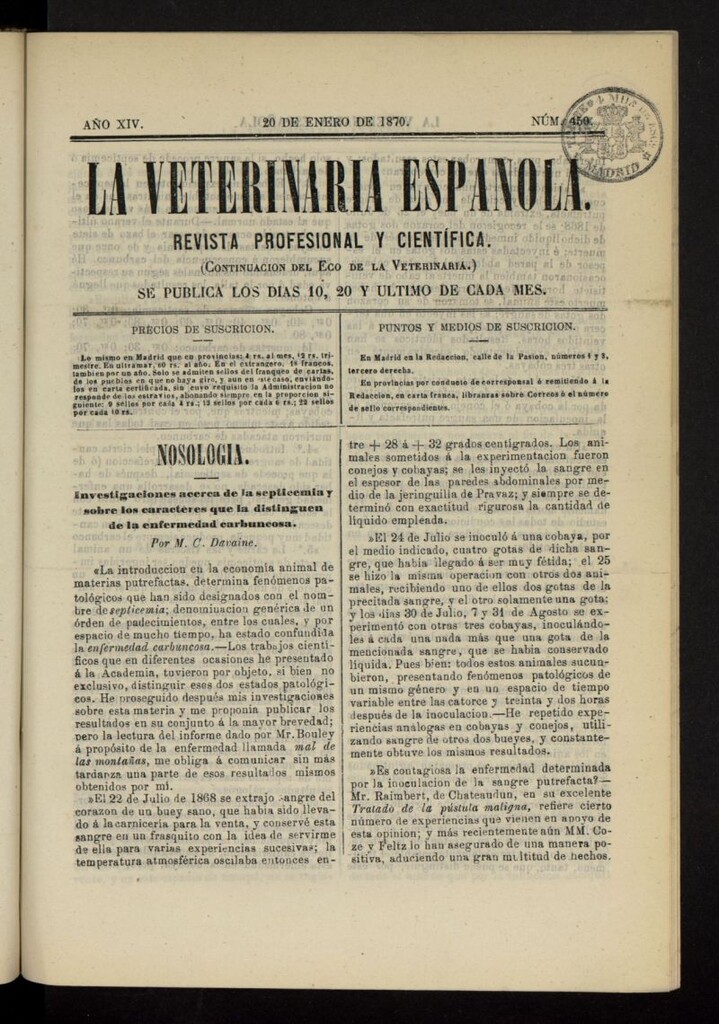 Miniatura de La Veterinaria revista profesional y científica del 20 de enero de 1870, nº 450