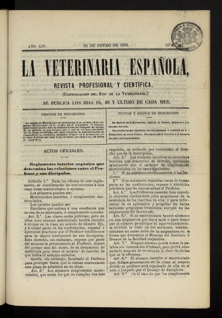 Miniatura de La Veterinaria revista profesional y científica del 31 de enero de 1870, nº 451