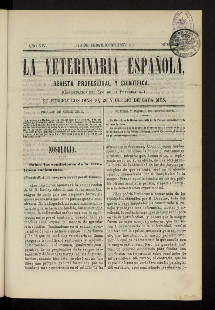 Miniatura de La Veterinaria revista profesional y científica del 10 de febrero de 1870, nº 452