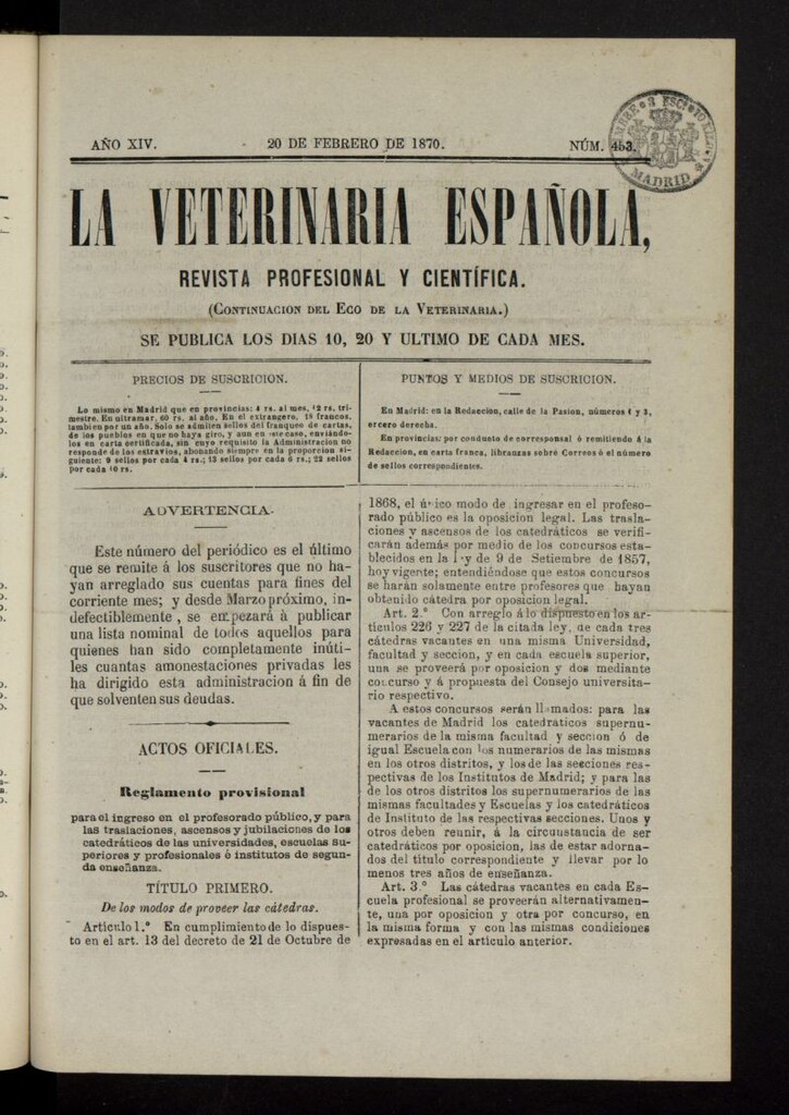 Miniatura de La Veterinaria revista profesional y científica del 20 de febrero de 1870, nº 453