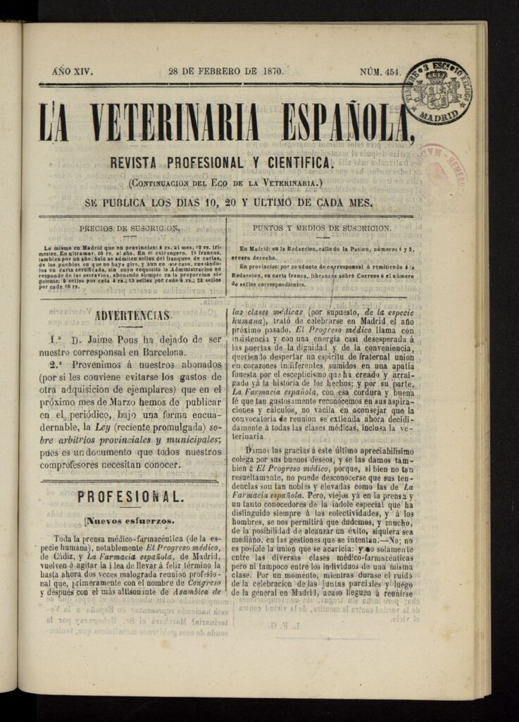 Miniatura de La Veterinaria revista profesional y científica del 28 de febrero de 1870, nº 454