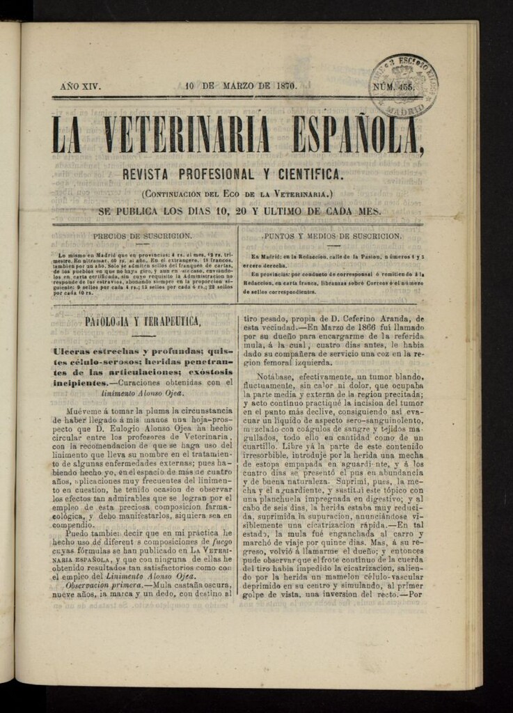 Miniatura de La Veterinaria revista profesional y científica del 10 de marzo de 1870, nº 455