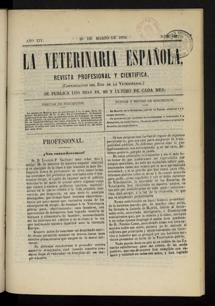 Miniatura de La Veterinaria revista profesional y científica del 20 de marzo de 1870, nº456