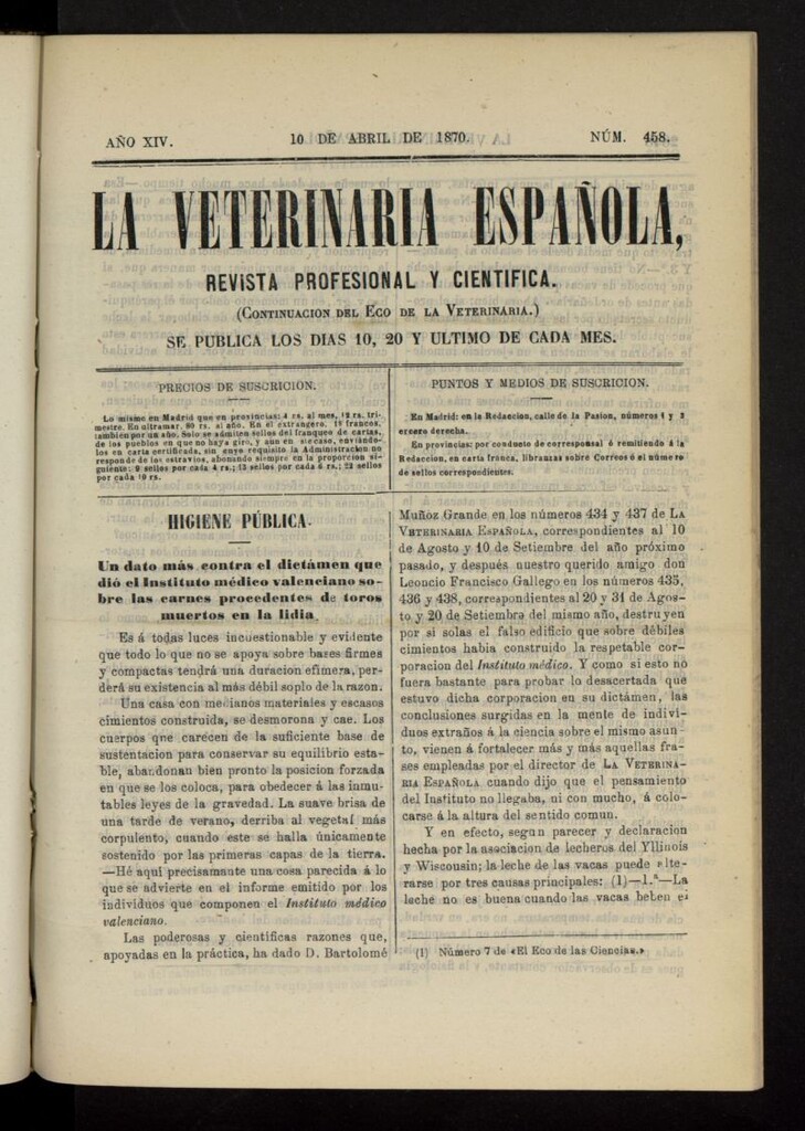 Miniatura de La Veterinaria revista profesional y científica del 10 de abril de 1870, nº 458