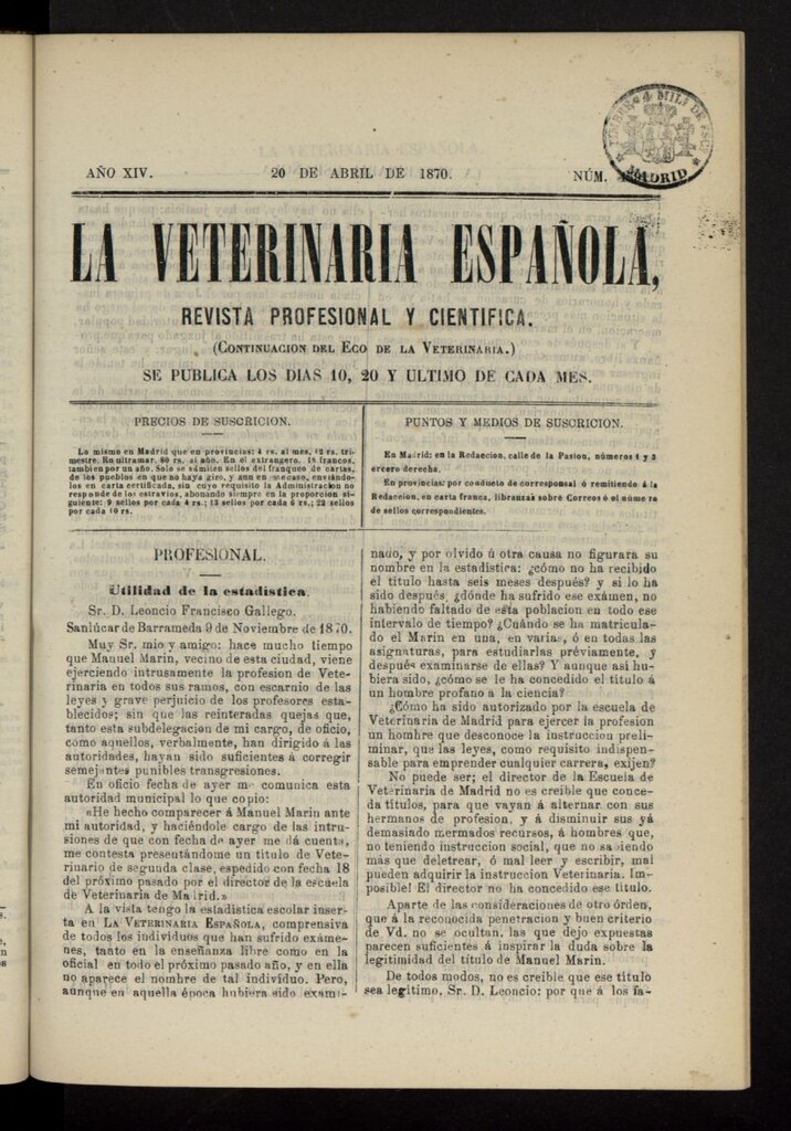Miniatura de La Veterinaria revista profesional y científica del 20 de abril de 1870, nº 459