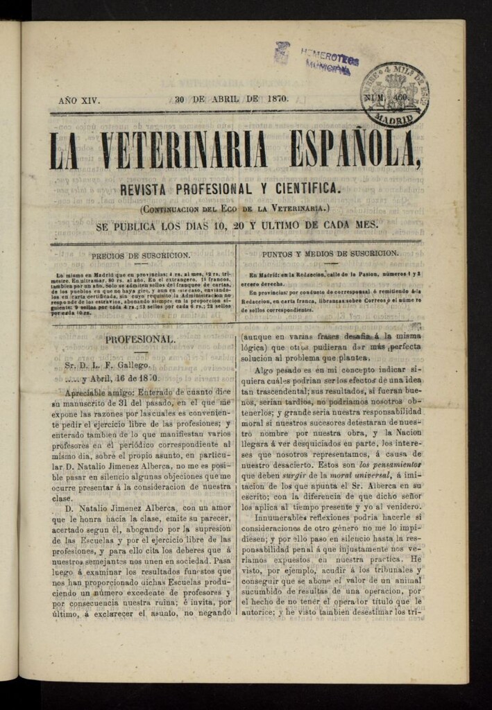 Miniatura de La Veterinaria revista profesional y científica del 30 de abril de 1870, nº 460