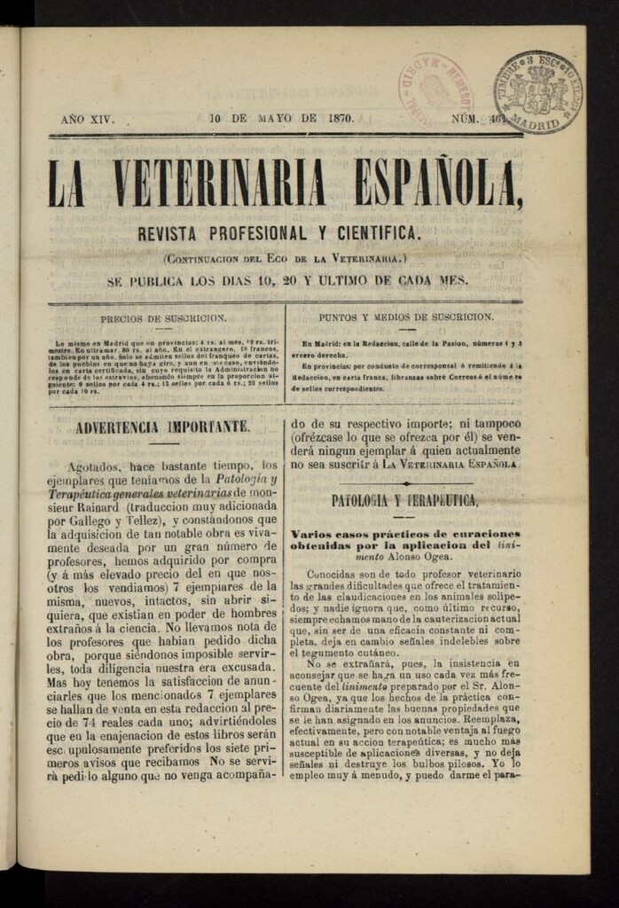Miniatura de La Veterinaria revista profesional y científica del 10 de mayo de 1870, nº 461