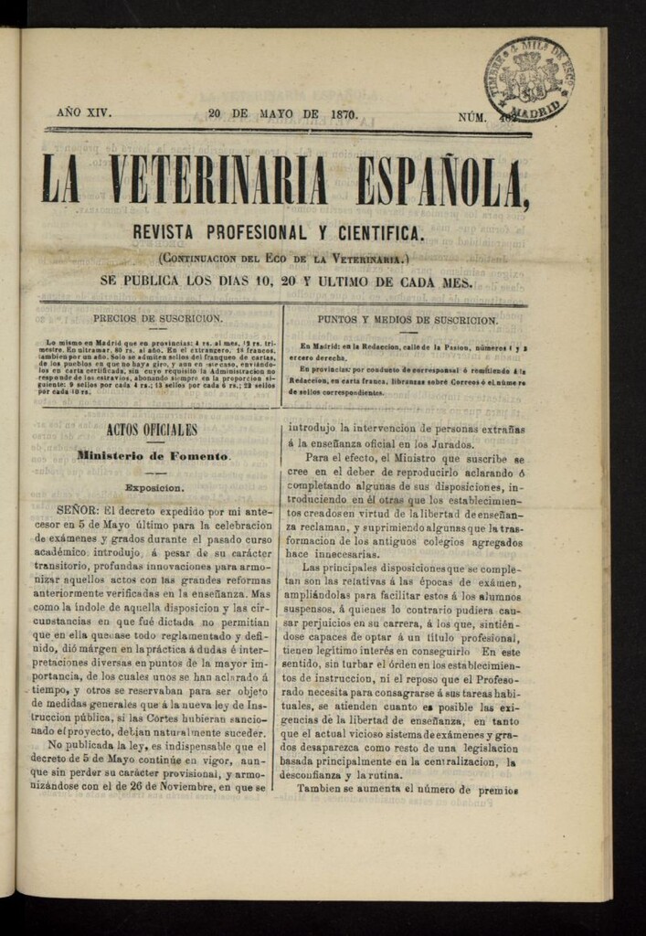 Miniatura de La Veterinaria revista profesional y científica del 20 de mayo de 1870, nº 462