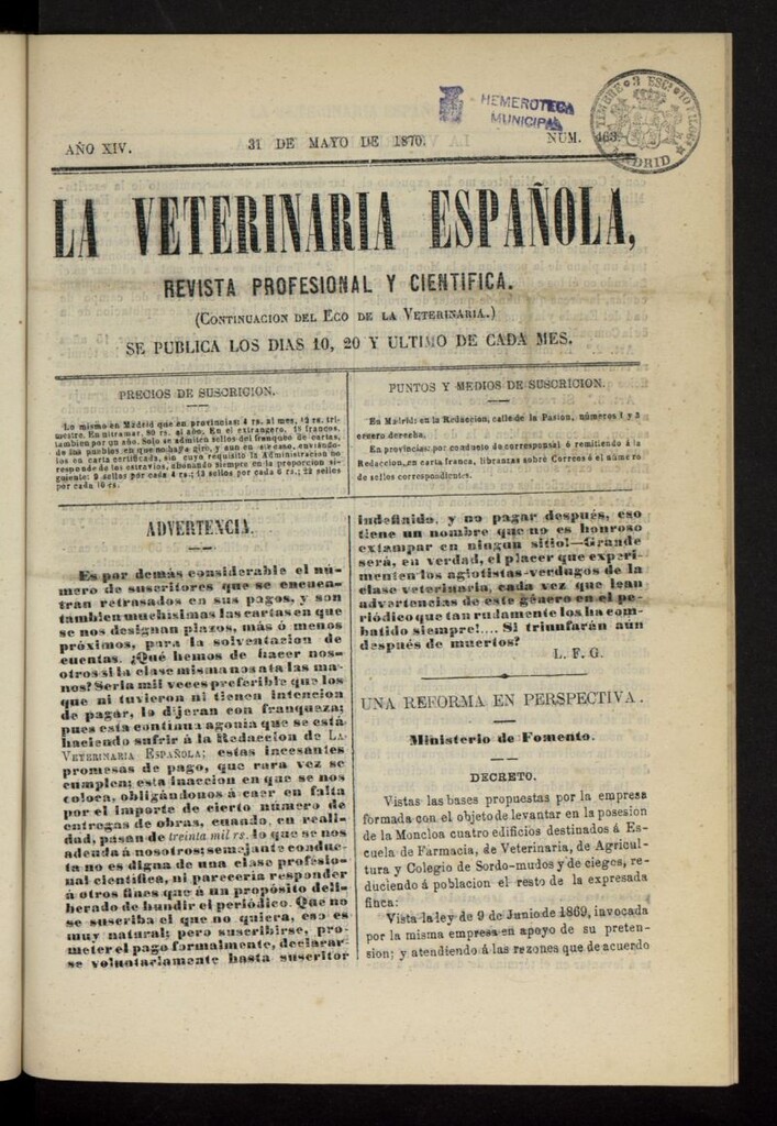 Miniatura de La Veterinaria revista profesional y científica del 31 de mayo ade 1870, nº 463