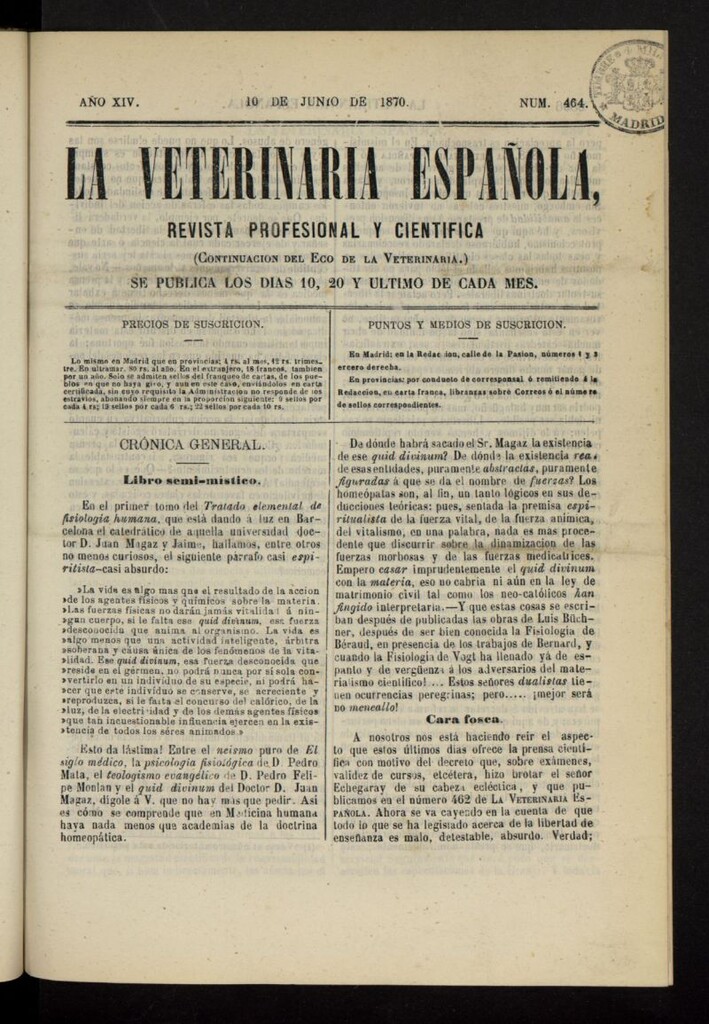 Miniatura de La Veterinaria revista profesional y científica del 10 de junio de 1870, nº 464