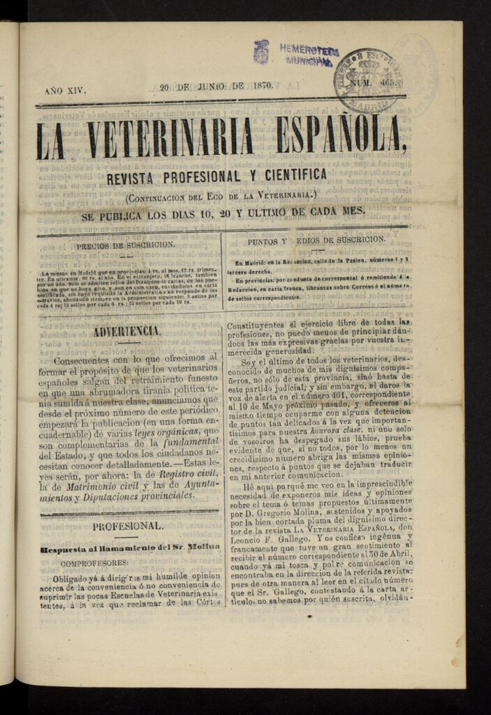 Miniatura de La Veterinaria revista profesional y científica del 20 de junio de 1870, nº 465