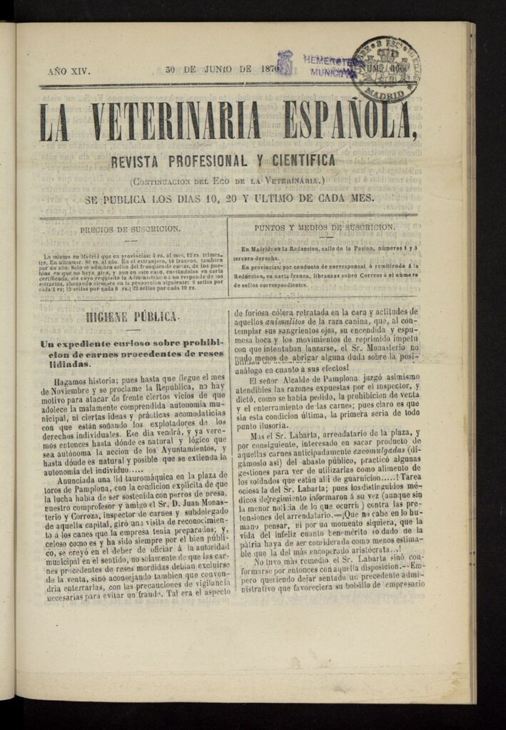 Miniatura de La Veterinaria revista profesional y científica del 30 de junio de 1870, nº 466