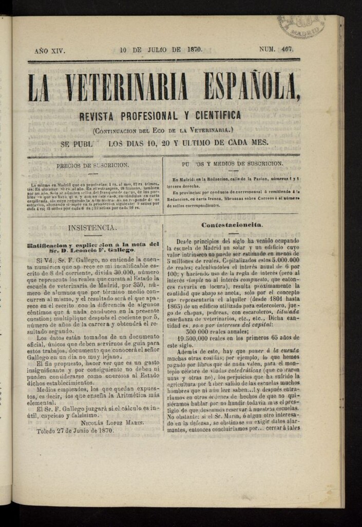 Miniatura de La Veterinaria revista profesional y científica del 10 de julio de 1870, nº 467