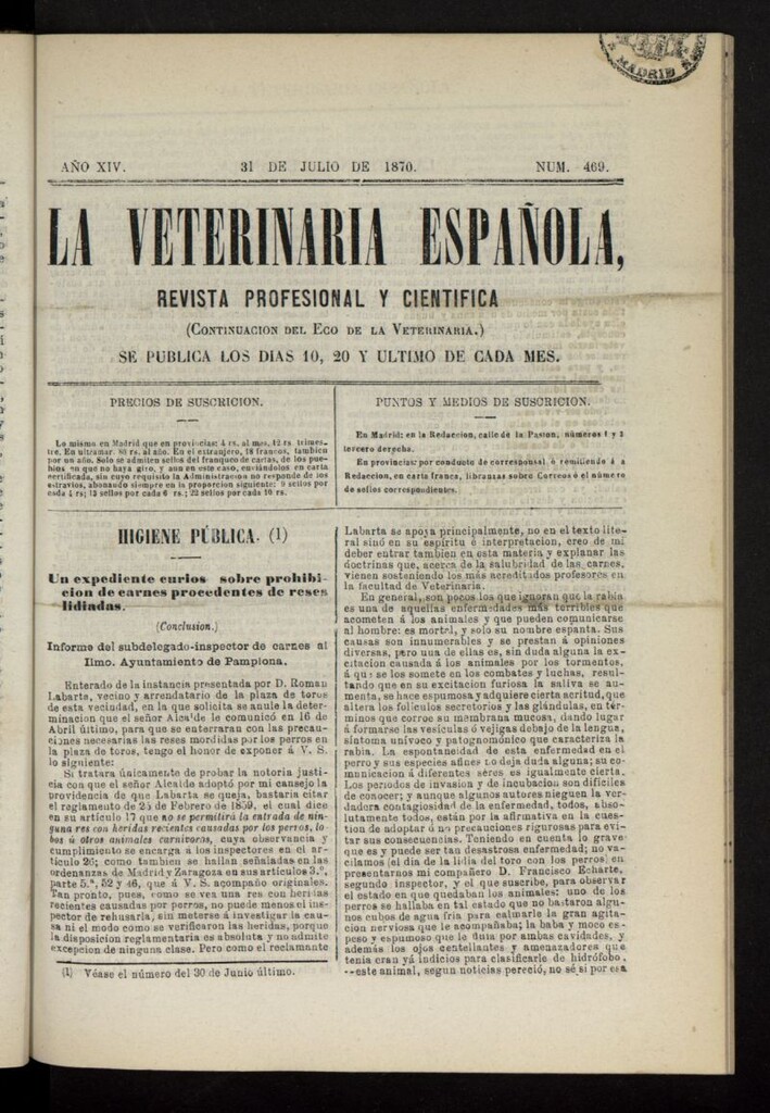 Miniatura de La Veterinaria revista profesional y científica del 31 de julio de 1870, nº 469