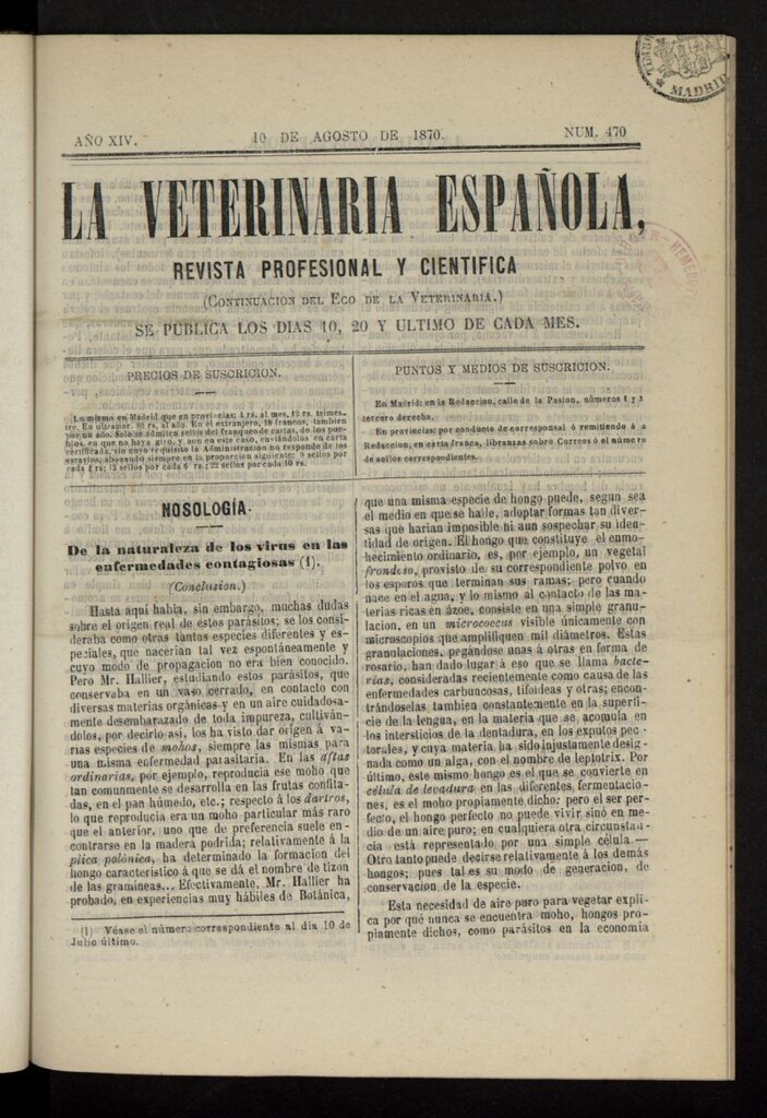 Miniatura de La Veterinaria revista profesional y científica del 10 de agosto de 1870, nº 470