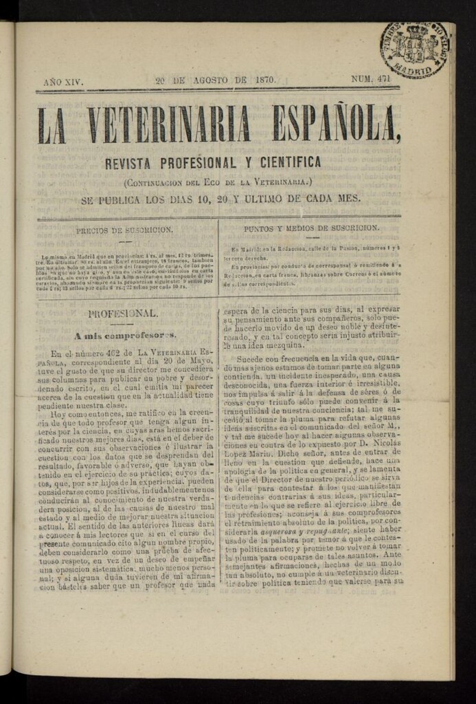 Miniatura de La Veterinaria revista profesional y científica del 20 de agosto de 1870, nº 471
