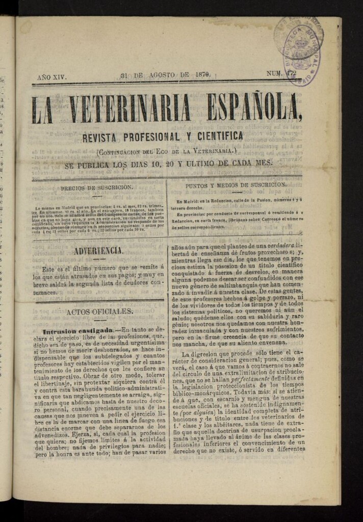 Miniatura de La Veterinaria revista profesional y científica del 31 de agosto de 1870,  nº 472
