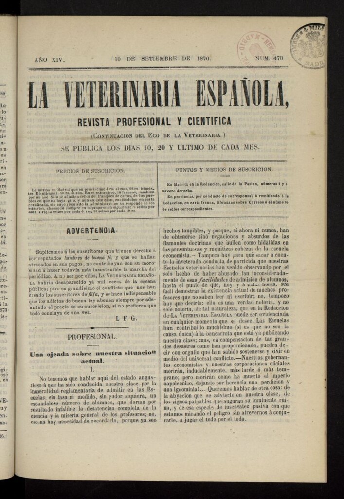 Miniatura de La Veterinaria revista profesional y científica del 10 de septiembre de 1870, nº 473