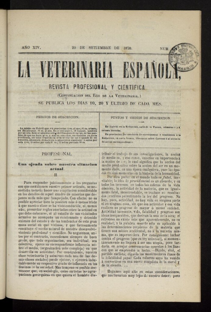 Miniatura de La Veterinaria revista profesional y científica del 20 de septiembre de 1870, nº 474