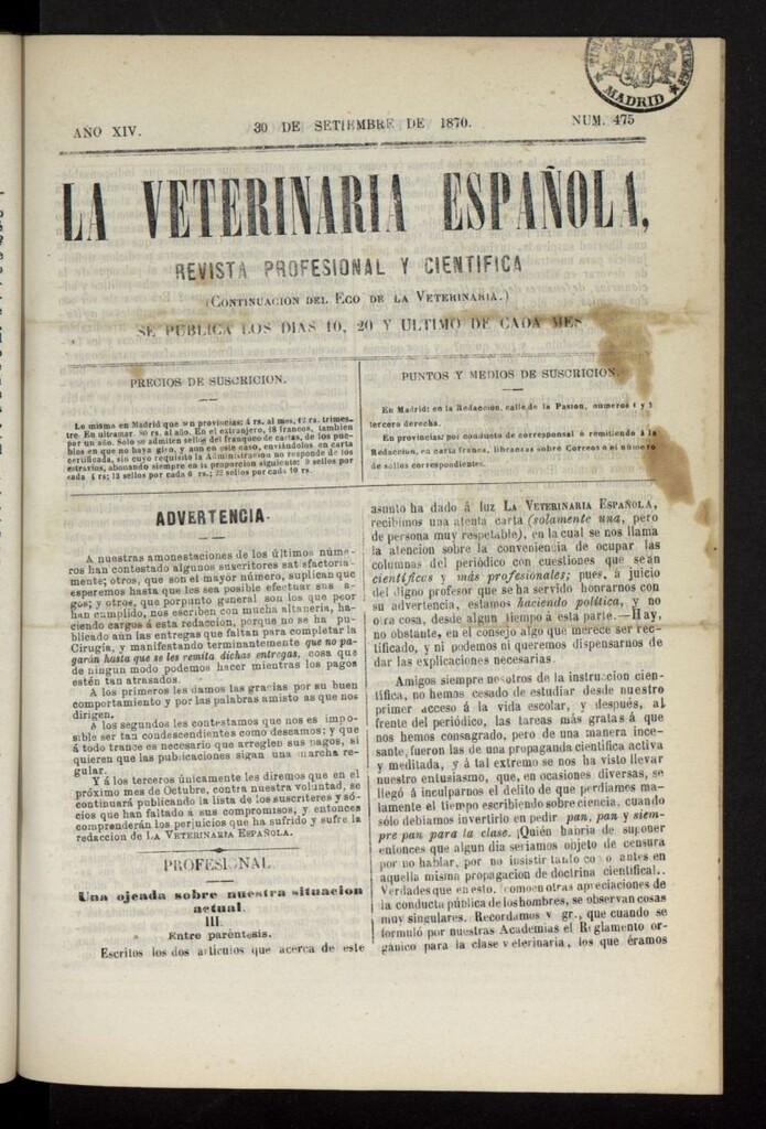 Miniatura de La Veterinaria revista profesional y científica del 30 de septiembre de 1870, nº 475