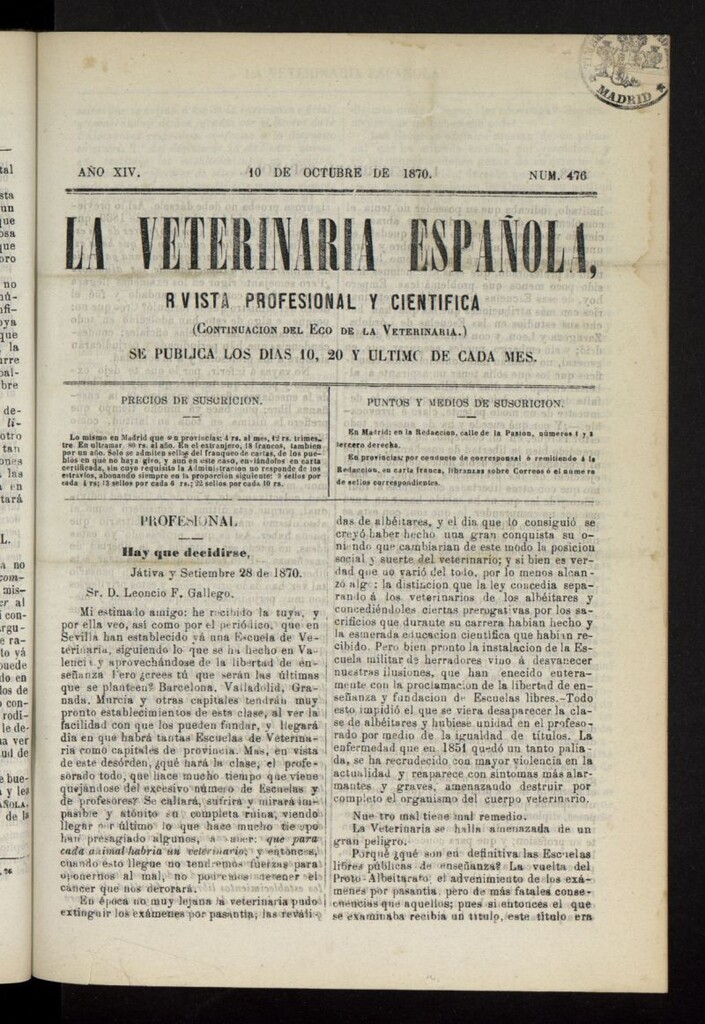 Miniatura de La Veterinaria revista profesional y científica del 10 de octubre de 1870, nº 476