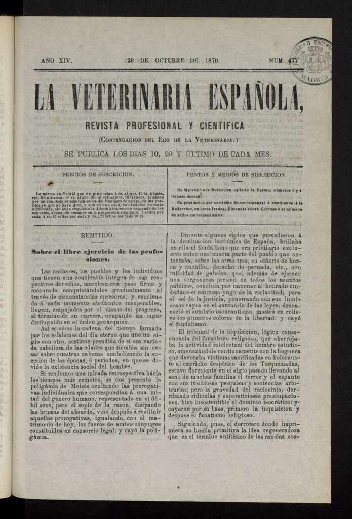 Miniatura de La Veterinaria revista profesional y científica del 20 de octubre de 1870, nº 477