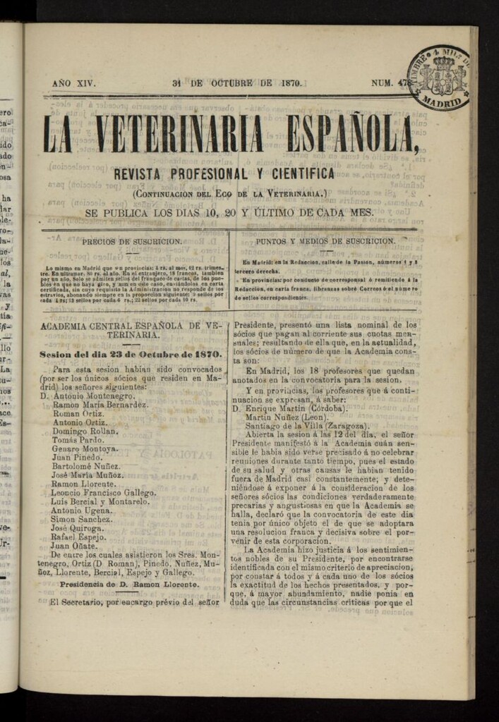 Miniatura de La Veterinaria revista profesional y científica del 31 de octubre de 1870, nº 478